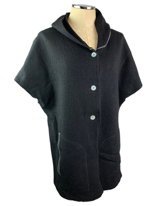 1X Katie Todd Women's Black Hooded Wool Blend Short Sleeve Cardigan