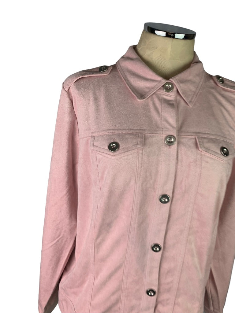 Large Joan Rivers Faux Suede Pink Jacket Button Up Pockets Women's