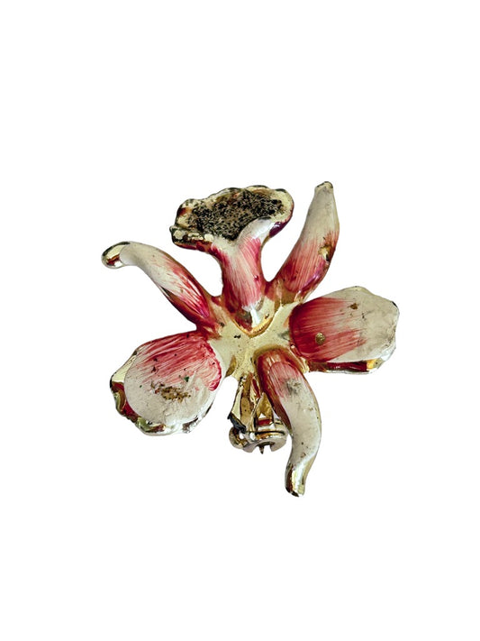 Vintage Lily Flower Brooch Pin 1.25"D Pink and Ivory Enameled Goldtone