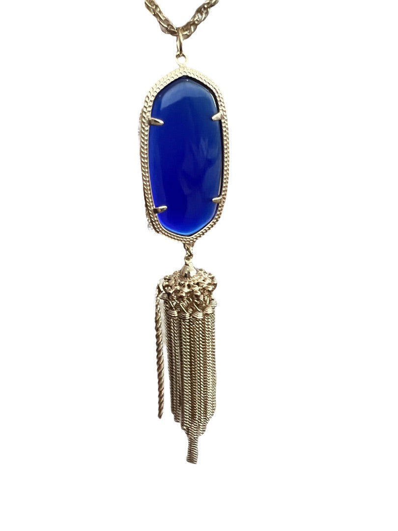 Kendra Scott Rayne Long Pendant Necklace Goldtone Blue Lariat Tassel 30" + 2"