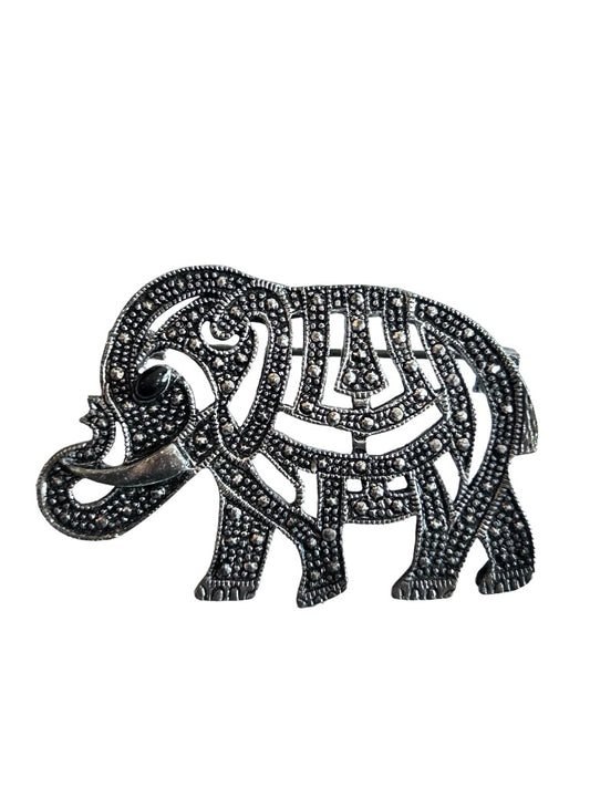 Vintage Lucky Elephant Silver Brooch 2" Trunk Up Stylized Texture