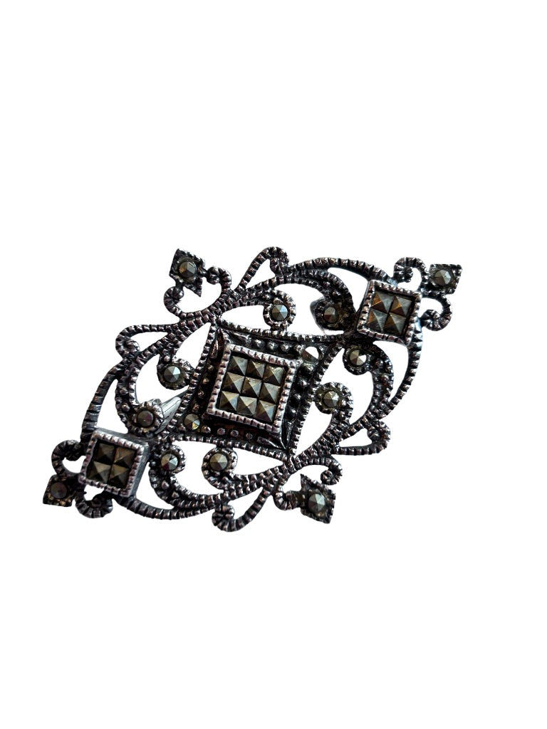 Marcasite Sterling Silver Art Deco Style Brooch Pin 1 3/4" in Box