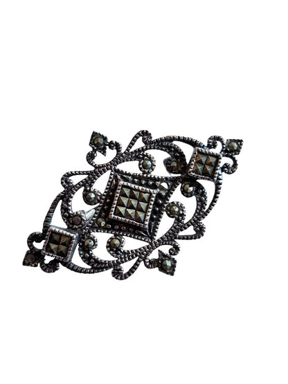 Marcasite Sterling Silver Art Deco Style Brooch Pin 1 3/4" in Box