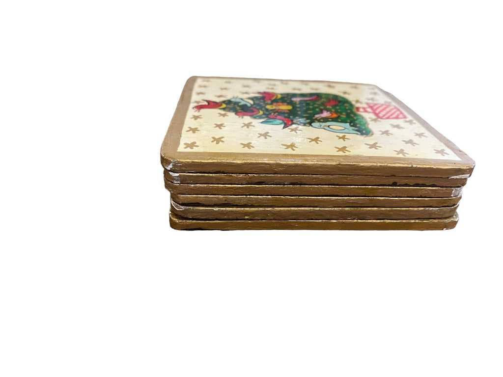 Foreside Painted Christmas Coasters Wooden Glossy Glaze With Box