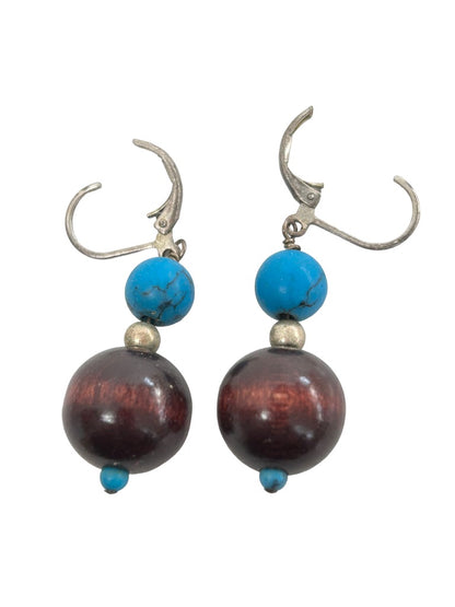 Silvertone Earrings Pierced Leverback Wood and Turquoise Beads 1.75" Drop Dangle