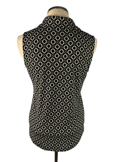 XS Kasper Women's Stretch Sleeveless Button Up Blouse Black White Print