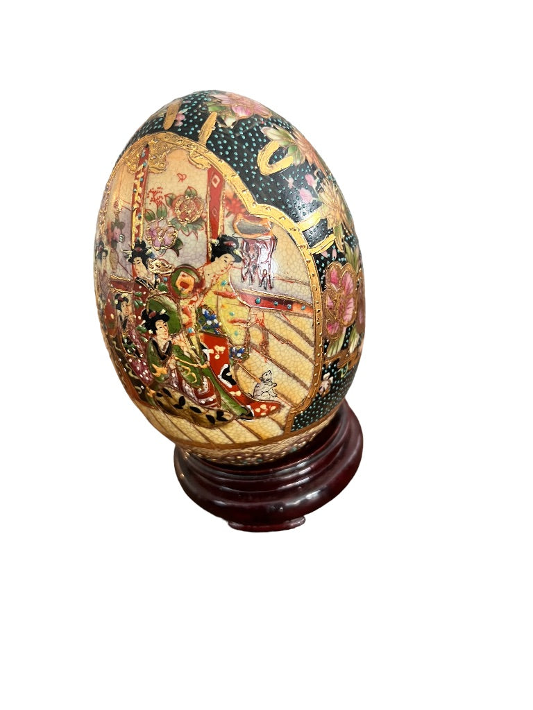 Hand Painted Satsuma Egg Gold Guild Moriage Geisha Girls Crackle Finish W/ Stand 7"