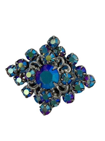 Vintage Blue Rhinestone Aurora Borealis Brooch Pin 1.5" x 1" Silvertone Setting