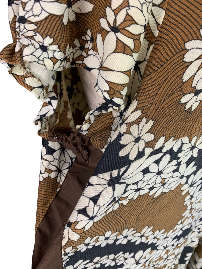 Vintage 1950s Handmade Plus Size Brown Shift Dress Floral Print Knee Length