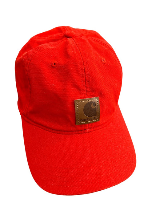 Carhartt Orange-red Ball Cap Hat Leather Logo Patch Adjustable Cotton Hook and Loop Closure