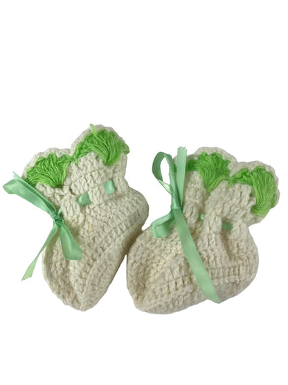 Vintage Crocheted Baby Booties White Green Trim Ribbon