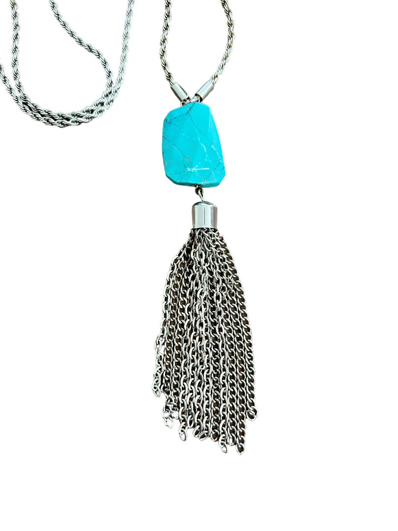 Faux Turquoise Lariat Tassle Necklace Silvertone Rope Chain 31" Long Plus 5" Drop of Tassle