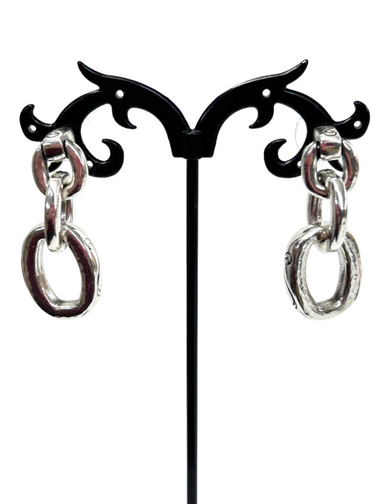Silvertone Linked Chain Post Pierced Earrings Etched 1 5/8" Drop Dangle