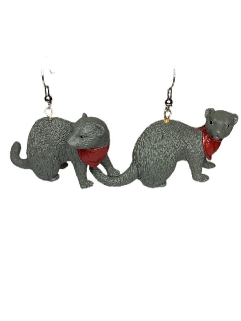 Gray Ferret Plastic Figurine Earrings 2" Drop Dangle Hook Pierced