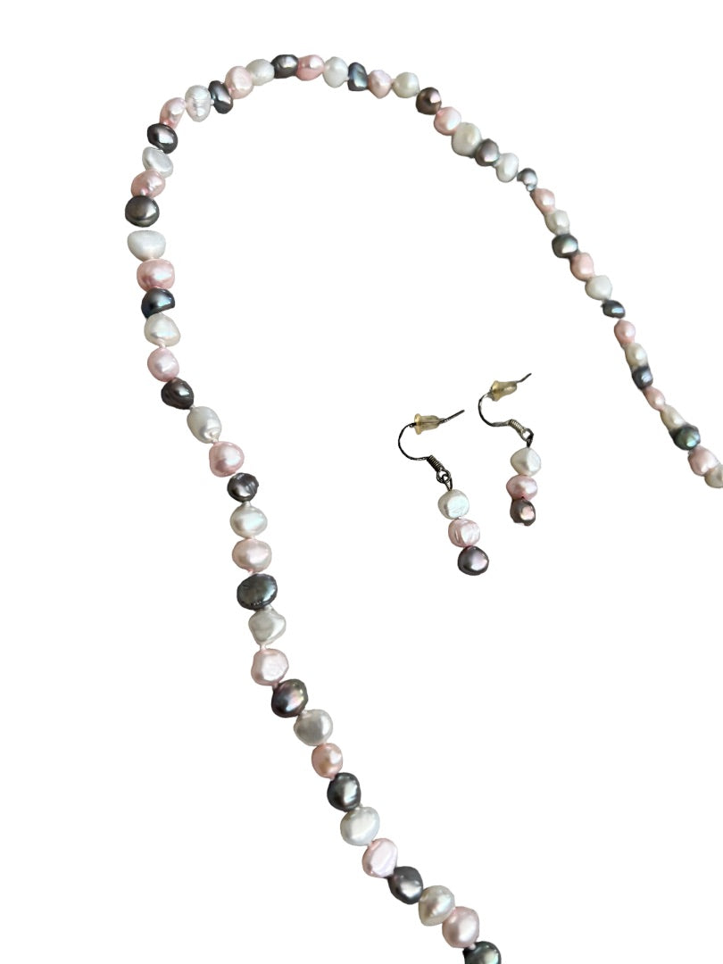 Freshwater Multicolor Pearl Necklace and Earrings Set Pink Gray White Dangle Earring