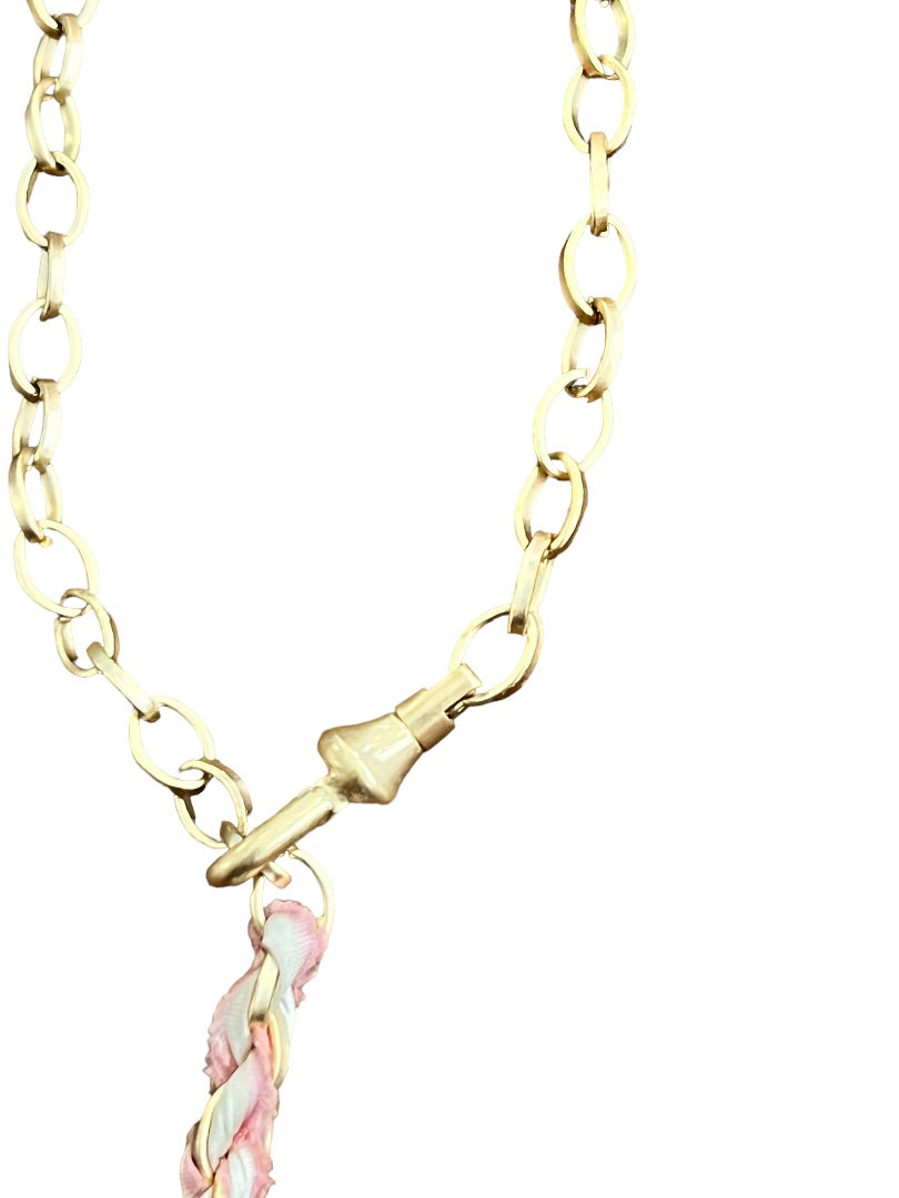 John Wind Goldtone Link Necklace Braided Pink Tassle 25" adjustable