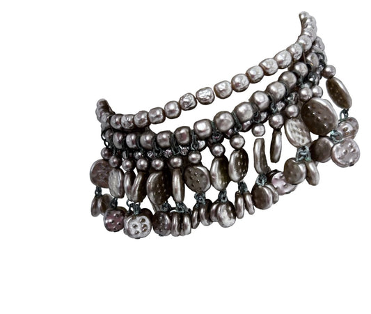 Cuff Bracelet Beaded Design Painted Metallic Brown Color Acrylic Beads Wire Adjustable Fit