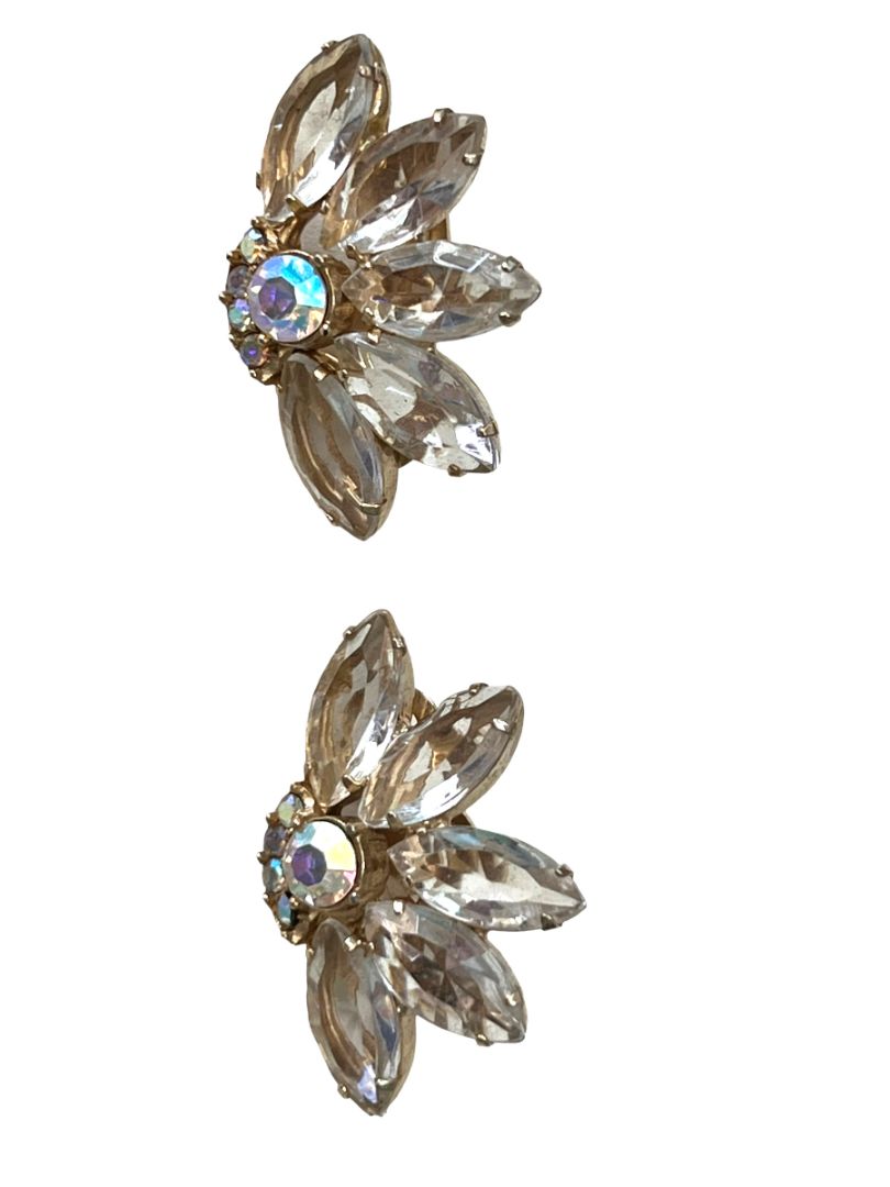 Vintage Rhinestone Glass Clip On Earrings Evening Formal Elegant Goldtone