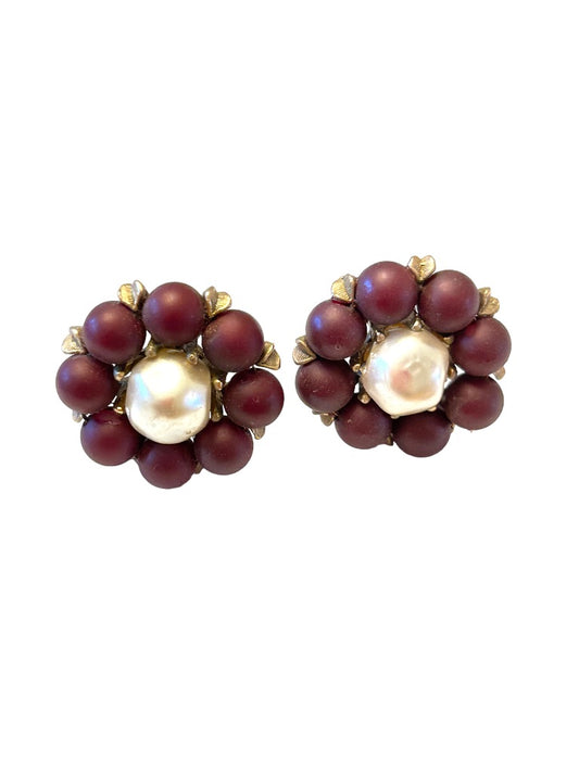 Vintage 1960s Clip On Non-Pierced Earrings Purple Bead Flower Shape 1 1/4"