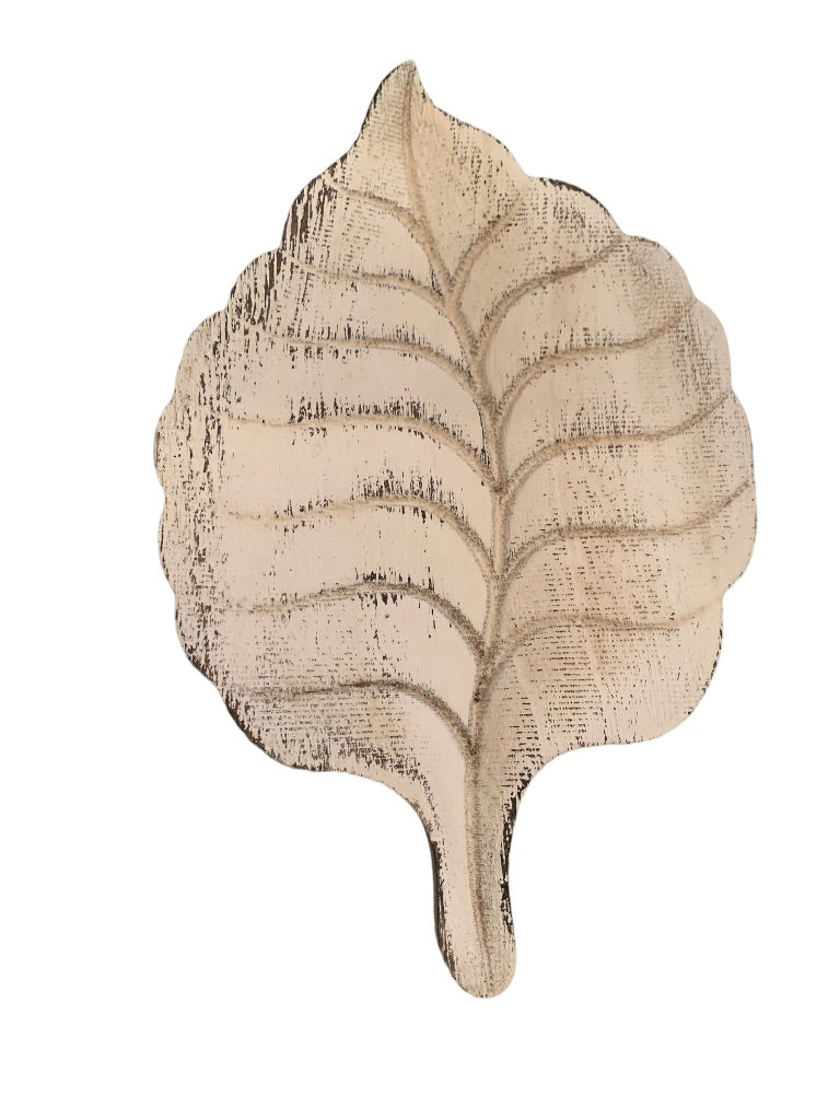 Wooden White Shabby Chic Leaf Dimensional Wall Hanging 11.5"h x 7"w