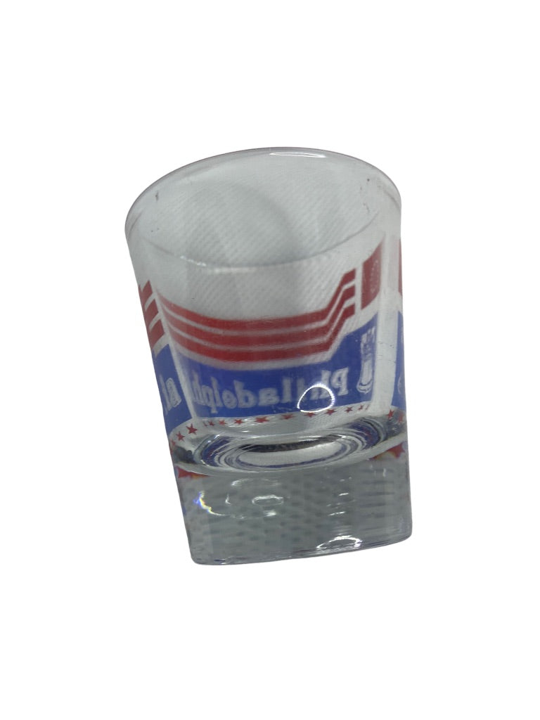 Philadelphia Souvenir Shot Glass Clear Red Blue Liberty Bell 1.5 oz