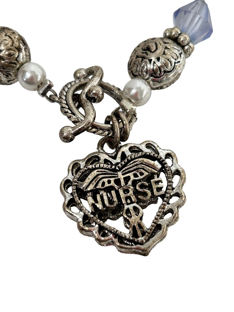 Nurse Silvertone Beaded 7.5" Bracelet Toggle Clasp Kindness Comfort