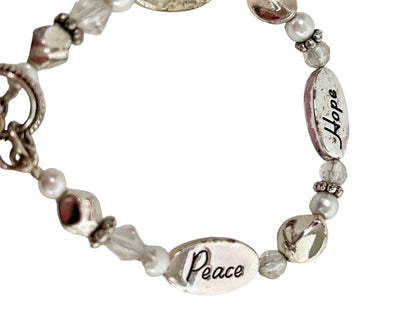 Silvertone Beaded Heart Charm Toggle Clasp 7.5" Bracelet Hope Serenity Peace