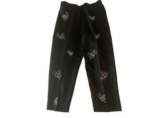12 Alexandra Bartlett Women's New Black Linen Crop Pants Butterfly Embroidered
