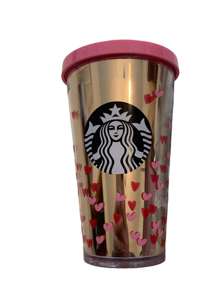 Starbucks 2017 Cold Drink Tumber Valentines Day 16 oz BPA Free Tiny Hearts Gold