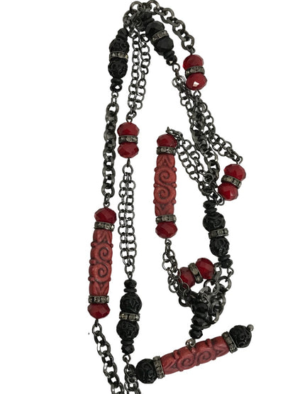 Black Beaded 35" Strand Necklace Red Accents Tassel 6.5" Dramatic