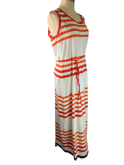 Large Talbots Orange White Soft Knit Striped Sleeveless Maxidress Belted