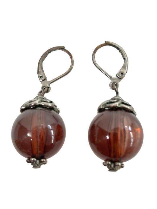 Silvertone and Acrylic Brown Bead 1.5" Drop Dangle Earrings Leverback Pierced