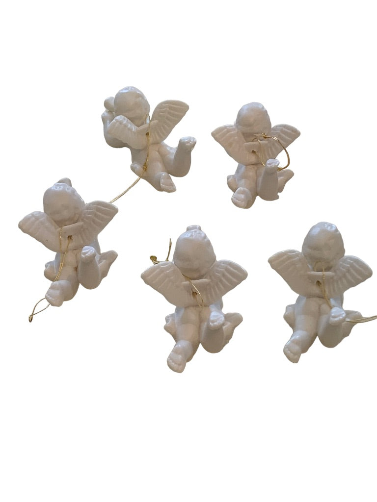 Vintage Ceramic Hanging Angel Ornaments Cherub New Old Stock Box of 5