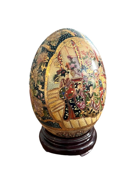 Hand Painted Satsuma Egg Gold Guild Moriage Geisha Girls Crackle Finish W/ Stand 7"