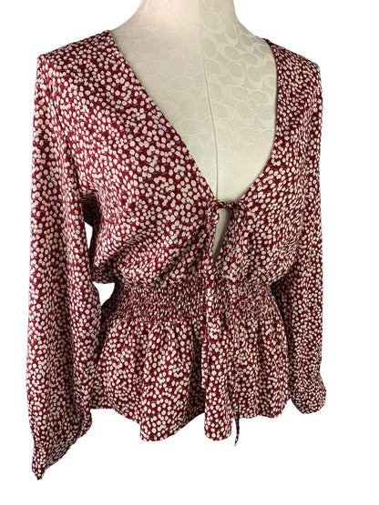 Medium Anama Womens Banded Waist Tie Front Blouse Floral Burgundy