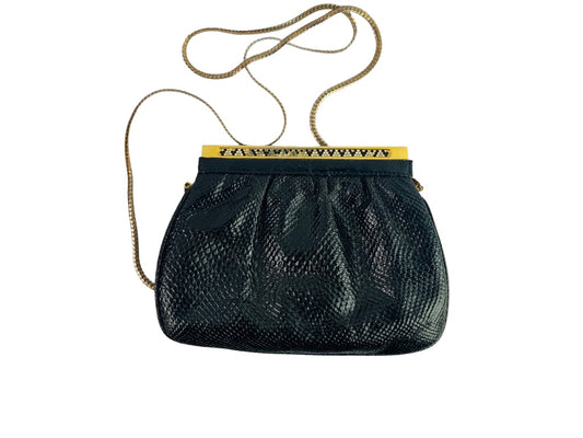 Andre Cellini Vintage 1980s Black Snakeskin Shoulderbag Goldtone Hardware Embellished Hinged