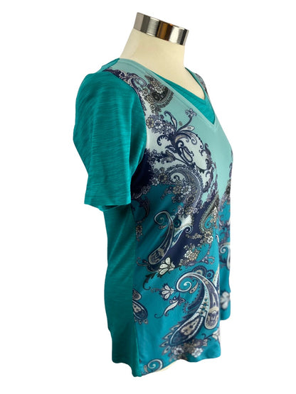 XS DG2 Diane Gilman Women's Teal V-Neck Mesh Paisley Overlay Short Sleeve Tshirt