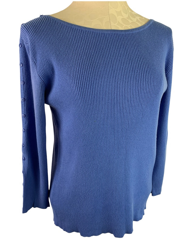 Large Croft & Barrow Women's Periwinkle Blue Ribbed Pullover Sweater Button Detail Sleeve