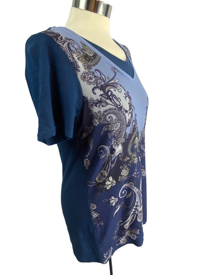 XS DG2 Diane Gilman Women's Blue V-Neck Mesh Paisley Overlay Short Sleeve Tshirt