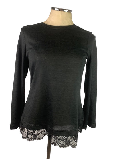 XS DG2 Diane Gilman Black Slightly Sheer Lace Hem Pullover Sweater Women's