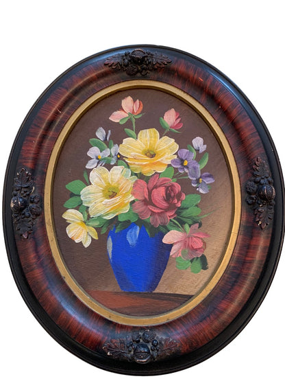 Vintage Framed Oil Painting Blue Vase Flowers Oval Gesco Studios Philadelphia 13.5" x 11.5"