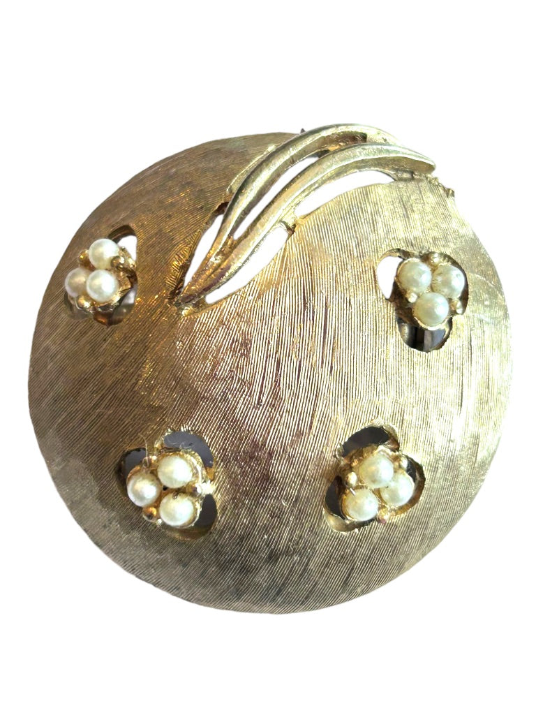 Round Brushed Goldtone Brooch 1 5/8"d with Faux Pearls Abstract Design