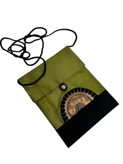 Green Gold Silky Crossbody Travel Bag Embroidered Dressy 6" x 8"