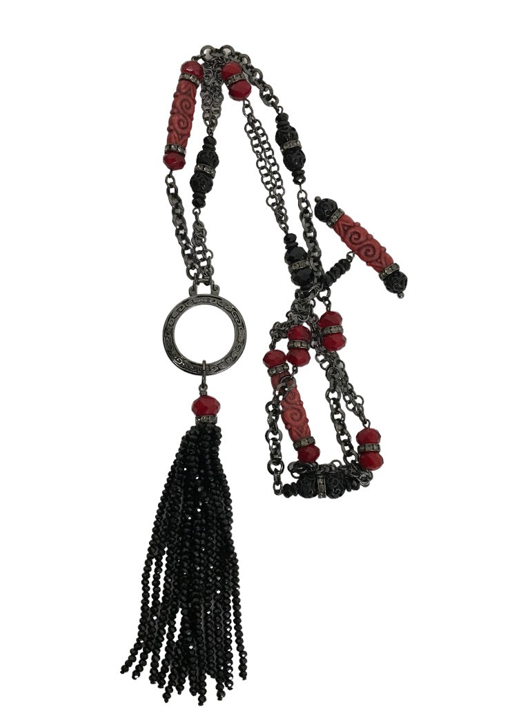 Black Beaded 35" Strand Necklace Red Accents Tassel 6.5" Dramatic