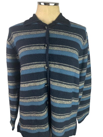 Large Pendleton Women's Blue Stripe Lambswool Cardigan Defect Collared Vintage 90s