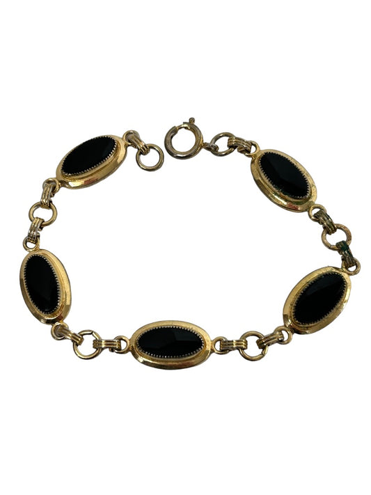 Goldtone and Black Glass 7.5" Bracelet Oval Shapes Lobster Clasp