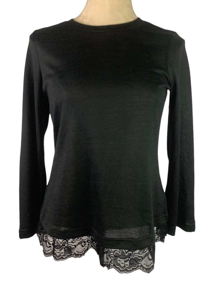 XS DG2 Diane Gilman Black Slightly Sheer Lace Hem Pullover Sweater Women's