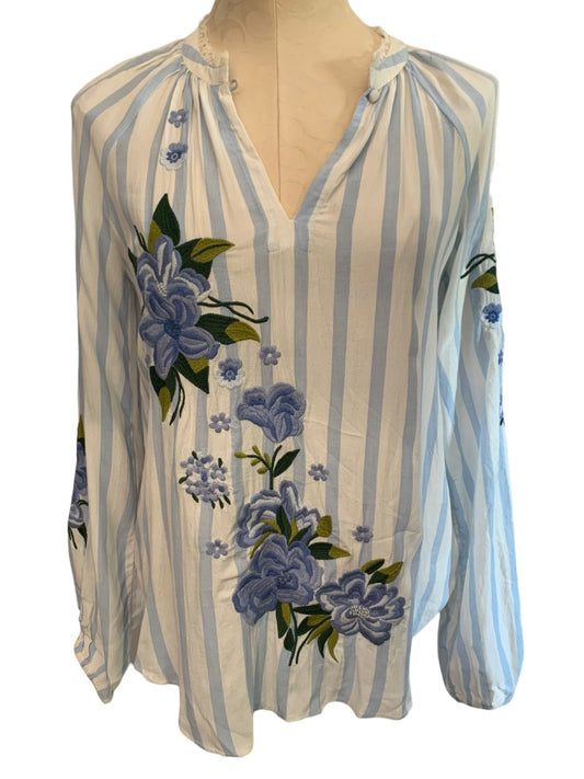 XS Akemi + Kim Anthropologie Women's Blue White Striped Embroidered Peasant Blouse