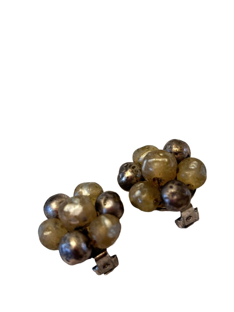 Vintage 1960s Japan Non-Pierced Clip On Earrings Metal Glass Beads 1"