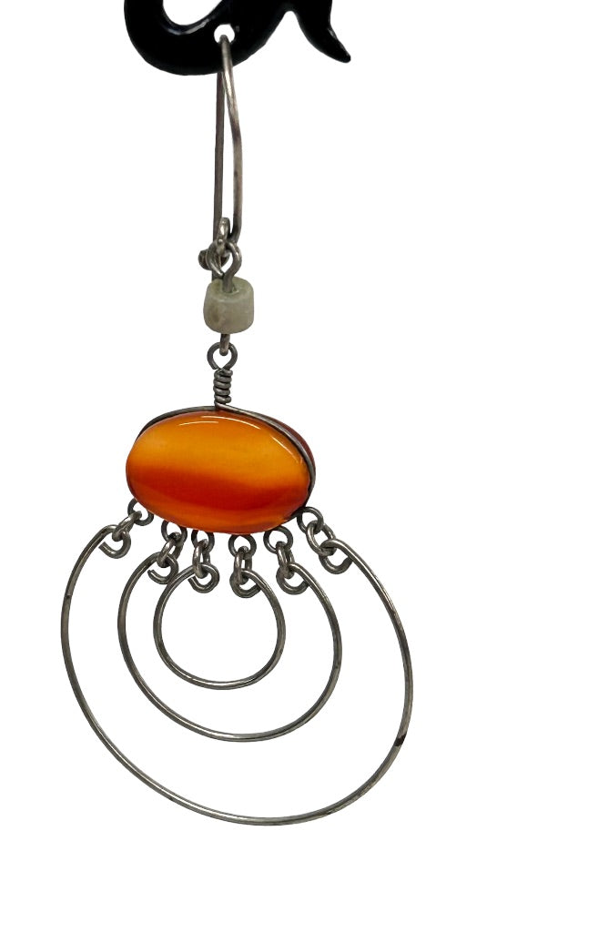 Silvertone Concentric Circle Earrings with Orange Stone Lightweight Wire Hook Pierced